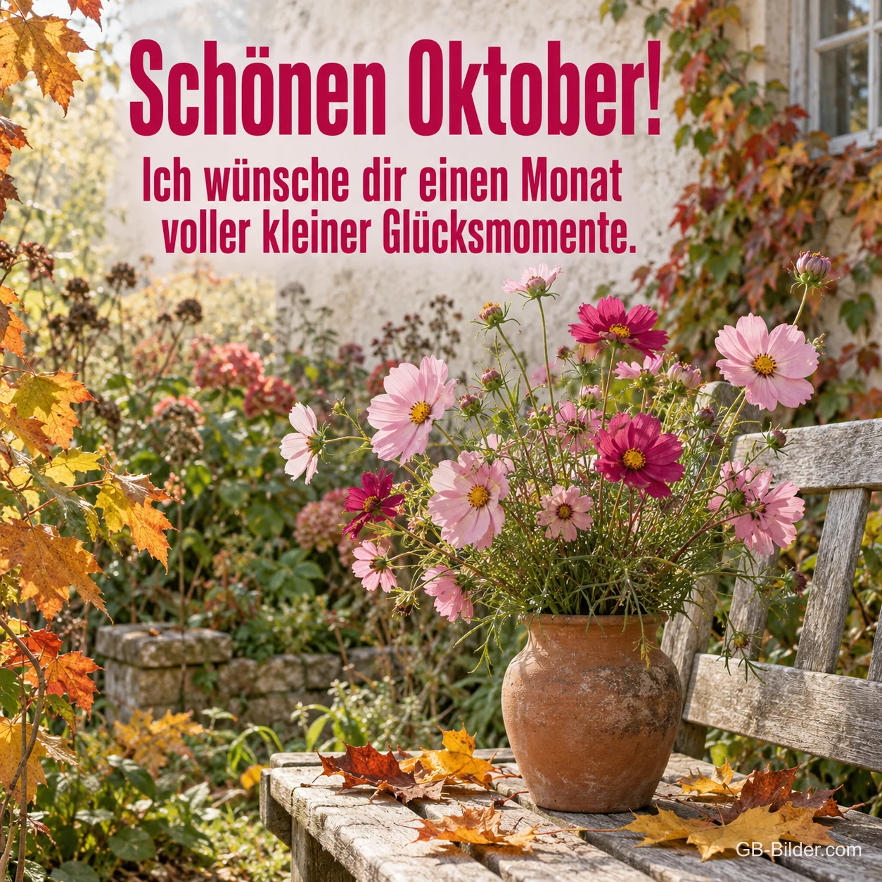 Rosa Schmuckkörbchen im Topf auf einer Gartenbank, Text: Schönen Oktober! Ich wünsche dir einen Monat voller kleiner Glücksmomente.