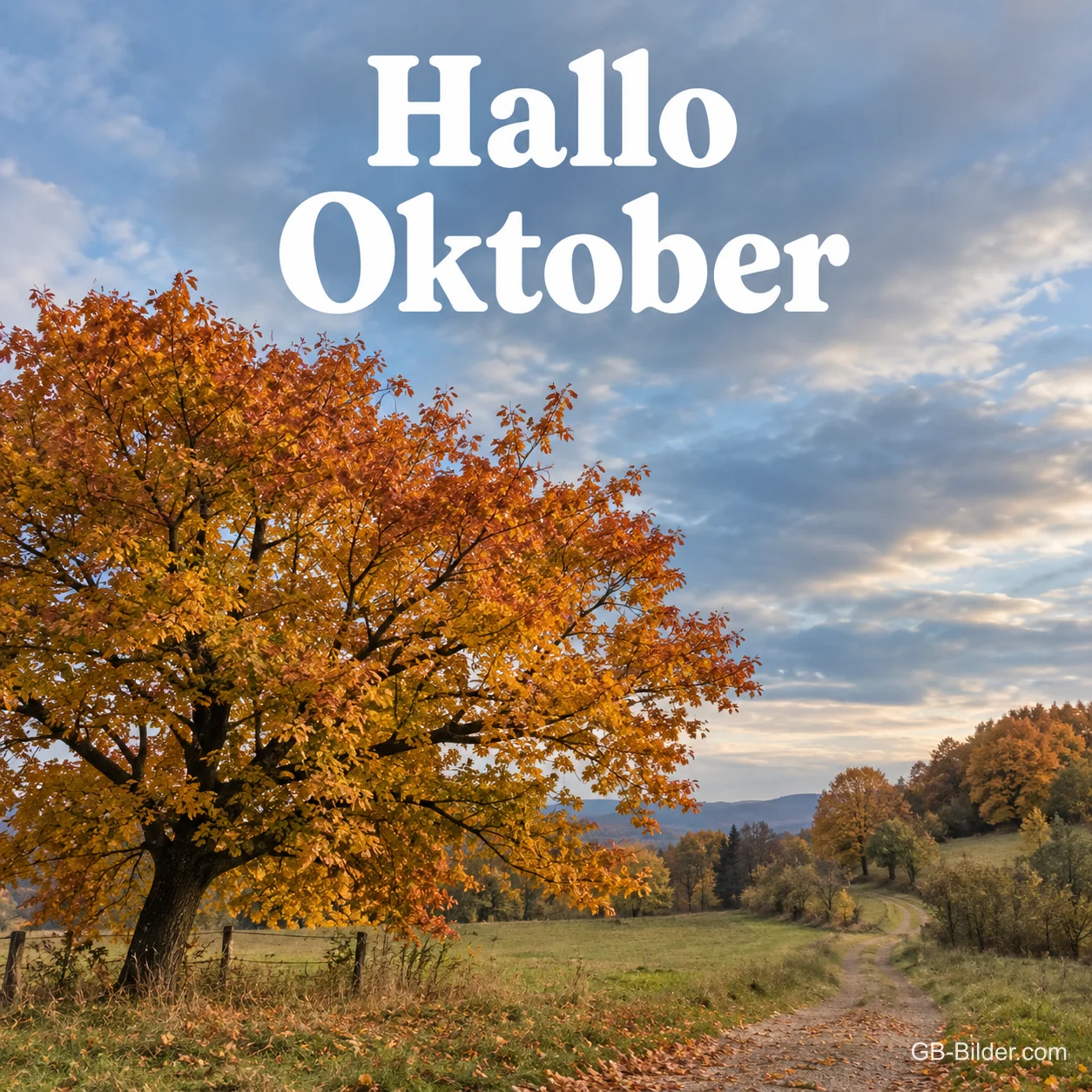 Großer Herbstbaum an einem Feldweg, Text: Hallo Oktober
