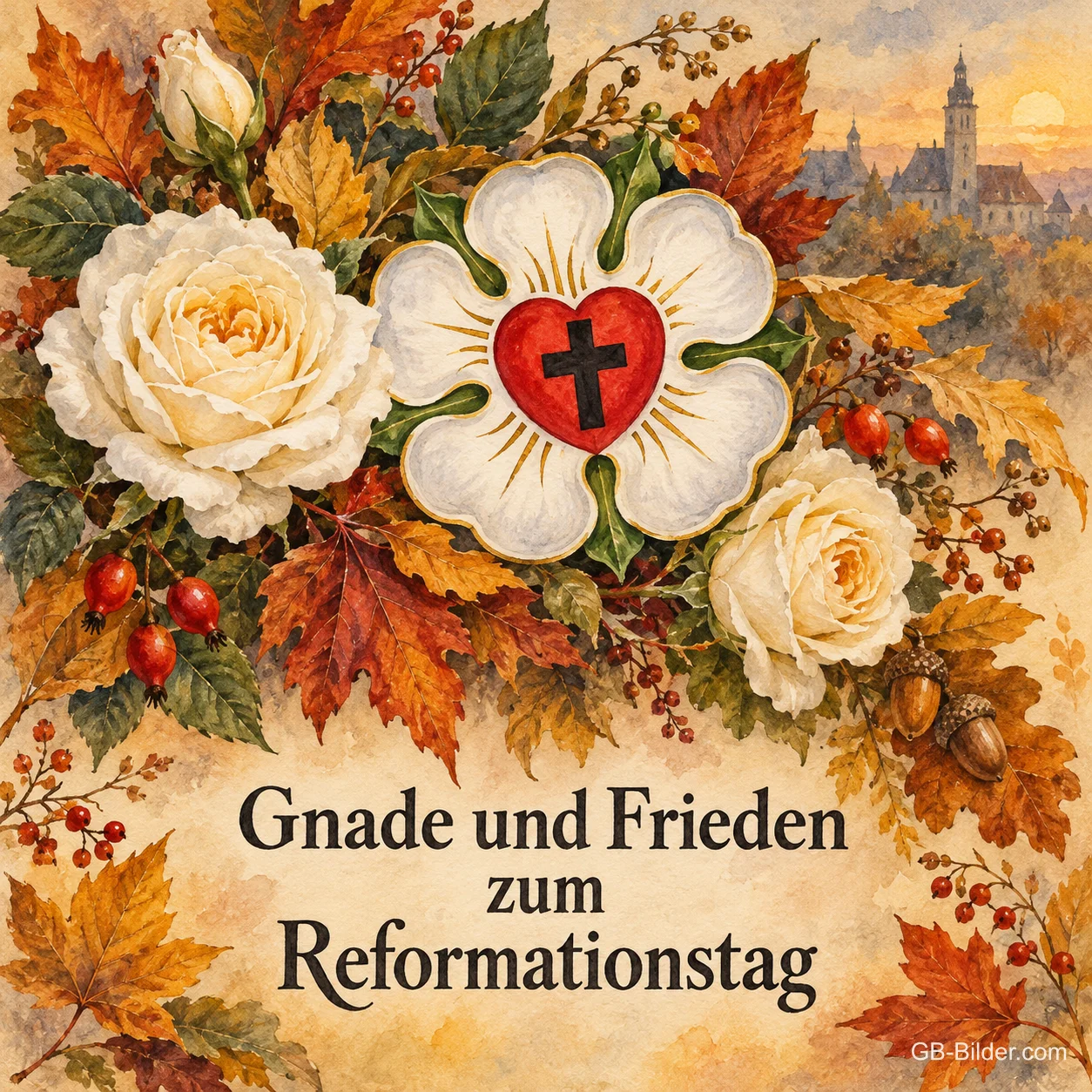 Eine gemalte Lutherrose mit rotem Herz und schwarzem Kreuz liegt zwischen weißen Rosen, Herbstlaub und Hagebutten, Text: Gnade und Frieden zum Reformationstag
