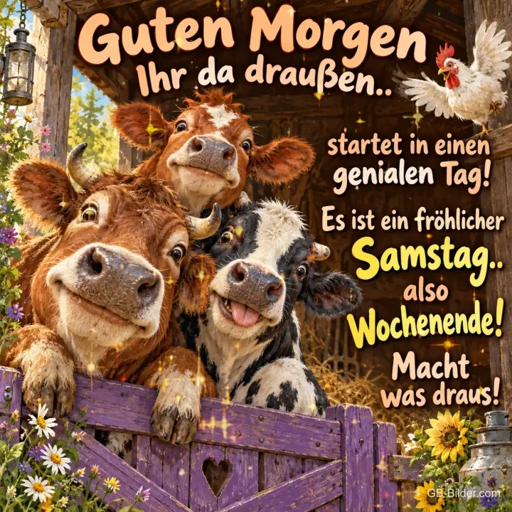 Drei lachende Kühe schauen über ein Stalltor, ein Huhn flattert darüber, Text: Guten Morgen Ihr da draußen.. startet in einen genialen Tag! Es ist ein fröhlicher Samstag.. also Wochenende! Macht was draus!