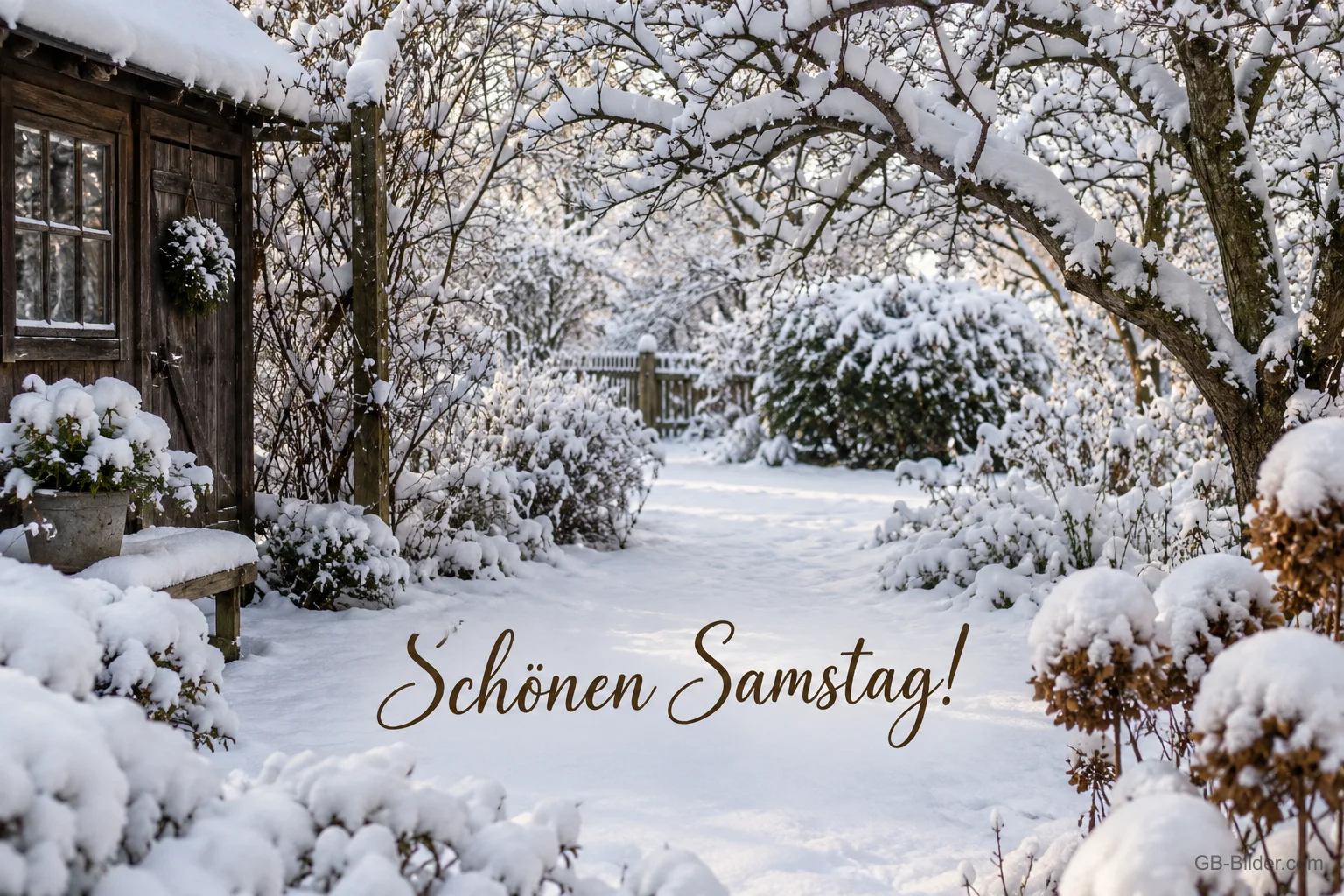 Verschneiter Garten, Text: Schönen Samstag