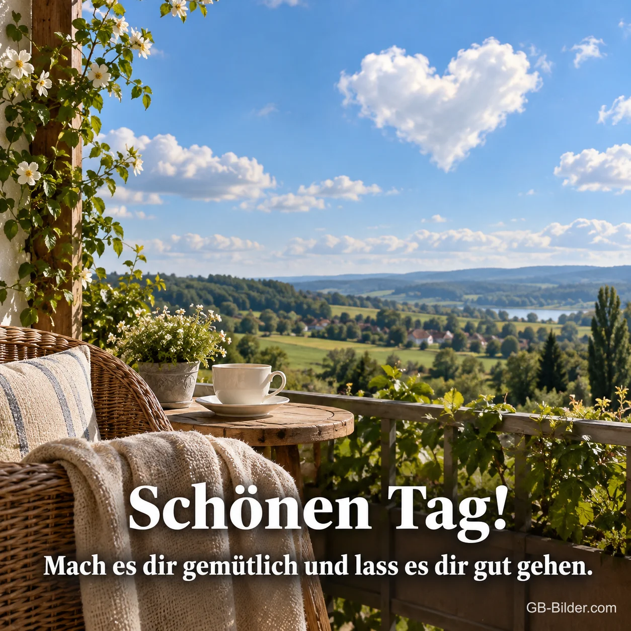 Korbsessel auf einem Balkon mit Herzwolke am Himmel, Text: Schönen Tag! Mach es dir gemütlich.