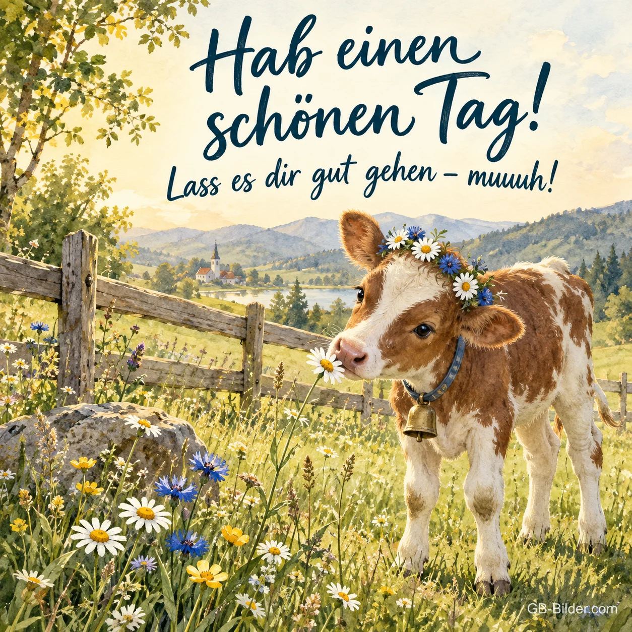 Kälbchen mit Blumenkranz auf einer Bergwiese, Text: Hab einen schönen Tag! Lass es dir gut gehen – muuuh!