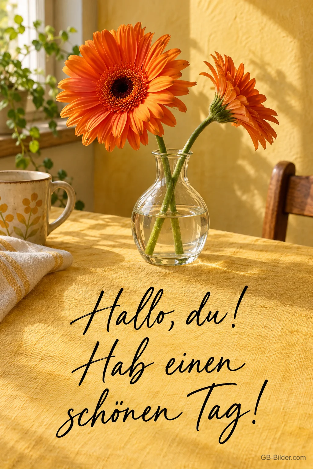 Orange Gerbera in einer Glasvase, Text: Hallo, du! Hab einen schönen Tag!