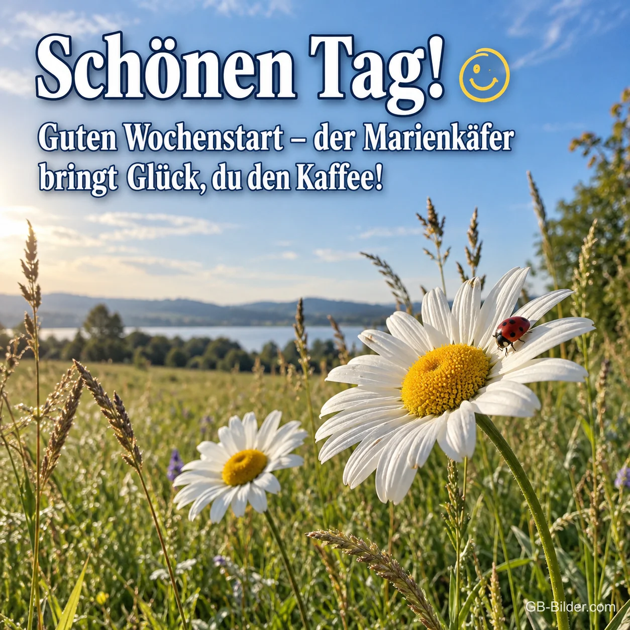 Marienkäfer auf einer Margerite, Text: Schönen Tag! Der Marienkäfer bringt Glück, du den Kaffee!