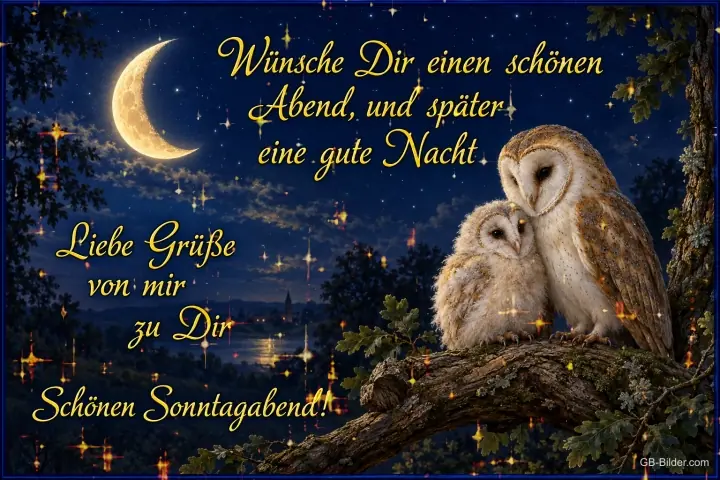 Schleiereulen bei Mondsichel, Text: Wünsche Dir einen schönen Abend, und später eine gute Nacht