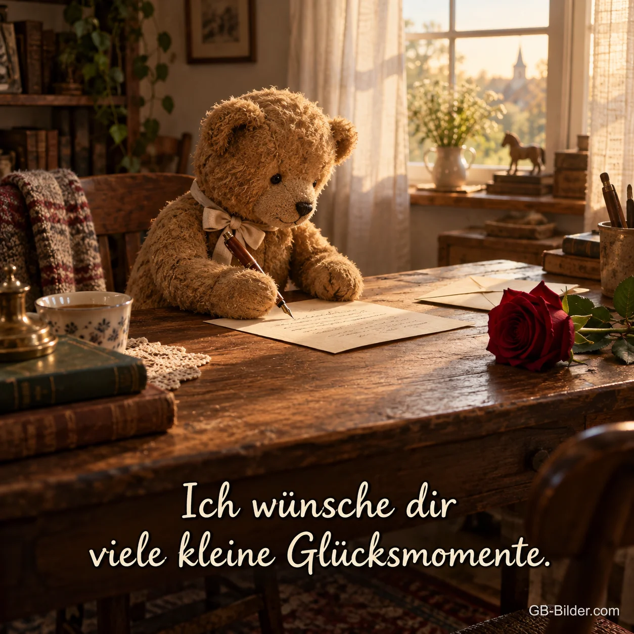 Teddybär schreibt einen Brief, Text: Ich wünsche dir viele kleine Glücksmomente.