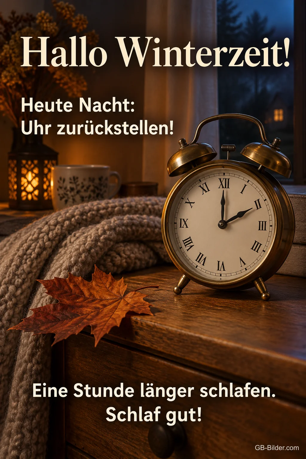 Messingwecker mit Herbstblatt im Kerzenlicht, Text: Hallo Winterzeit! Heute Nacht: Uhr zurückstellen! Eine Stunde länger schlafen. Schlaf gut!