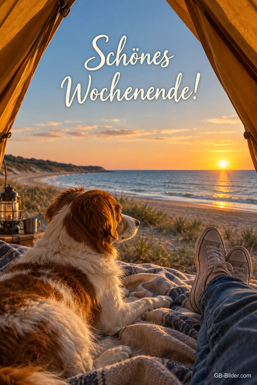 Hund im Zelt am Strand bei Sonnenuntergang, Text: Schönes Wochenende!